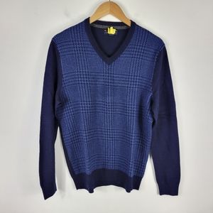 Club Room Merino Wool Houndstooth Plaid Long Sleeve V Neck Sweater